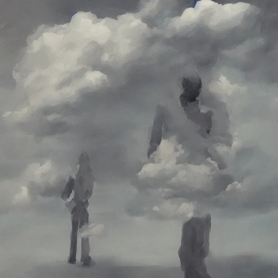 Prompt: artwork of a headless man with one stormy cloud floating above his shoulders