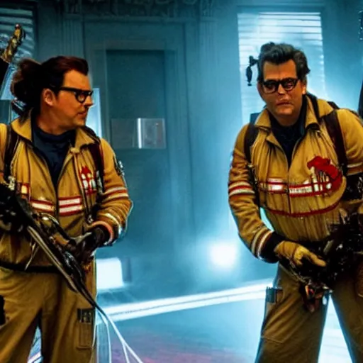 Prompt: Johnny Depp playing a Ghostbuster in the movie Ghostbusters 8k hdr movie still