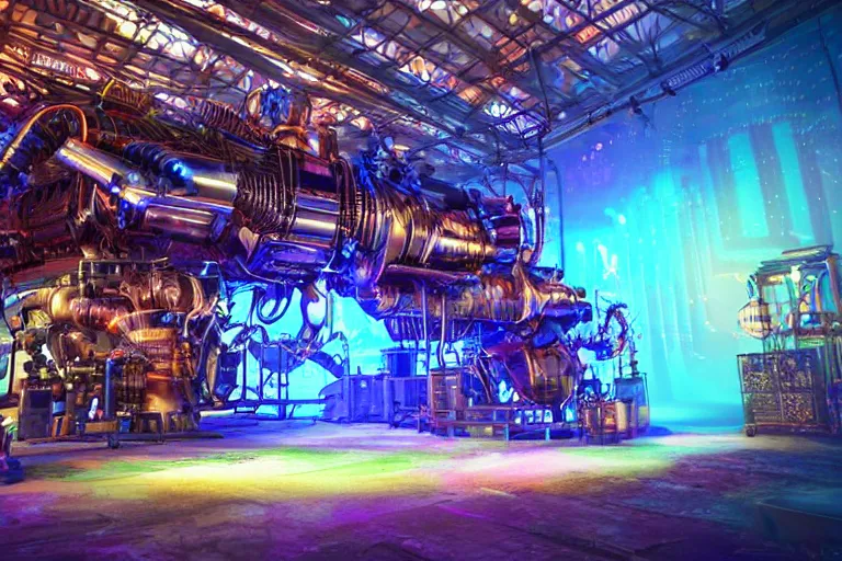 Image similar to a festival stage, bandname is tripmachine, center of the stage are two huge futuristic steampunk generators inside a huge steampunk engine, 8 k, fluorescent colors, halluzinogenic, multicolored, exaggerated detailed, unreal engine