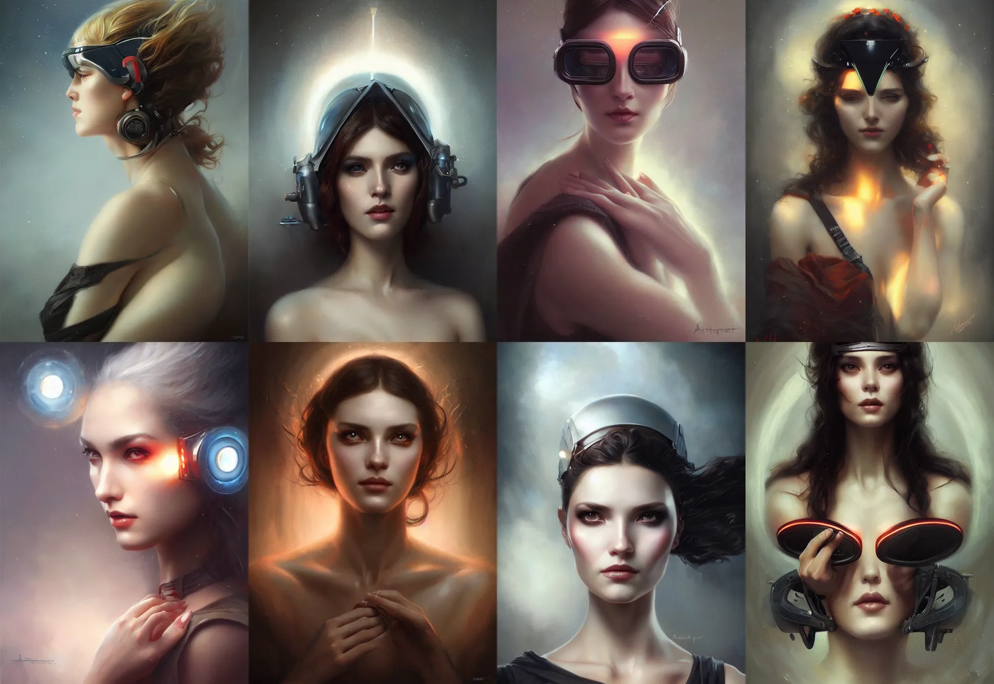 Prompt: a beautiful woman wearing a heads - up display, painted by artgerm and tom bagshaw, fantasy art, dramatic lighting, highly detailed oil painting