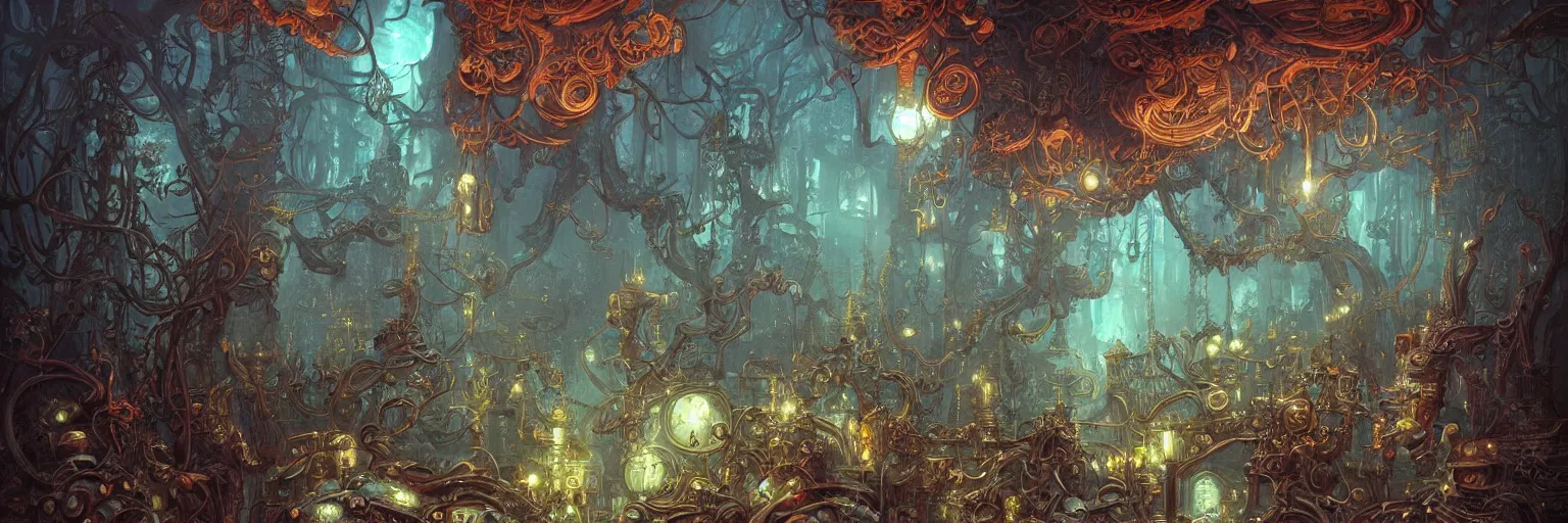 Image similar to Marc Simonetti, Mike Mignola, smooth liquid metal with detailed line work, Mandelblub flowers and trees, Exquisite detail, blue neon details, red neon details, green neon details, white neon details, hyper detailed, intricate charcoal illustration, golden ratio, steampunk, smoke, neon lights, steampunk forest background, liquid polished metal, by peter mohrbacher