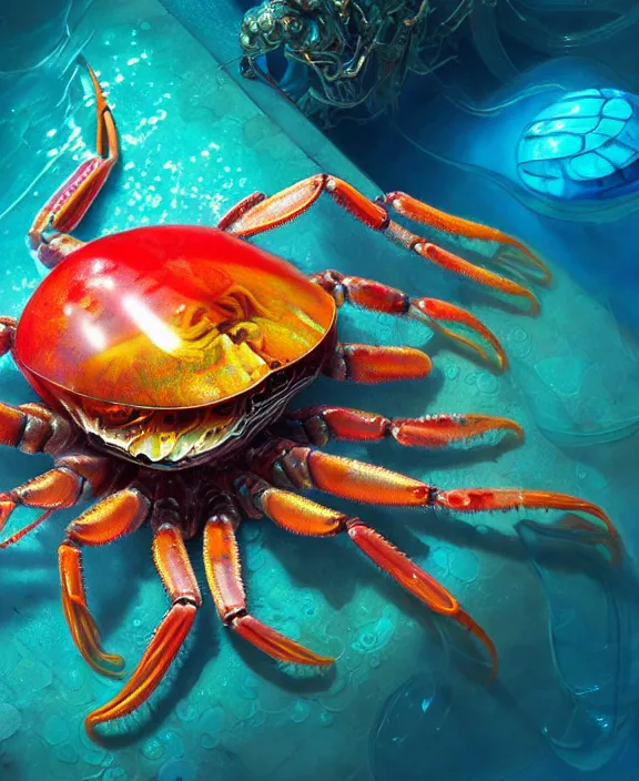 Image similar to intricate colorful transparent portrait of a disturbing beautiful alien crab creature, mottled coloring, adorable, childlike, underwater environment, ultra realistic, concept art, art nouveau, photorealistic, octane render, 8 k, unreal engine. art by christopher marley and artgerm and greg rutkowski and alphonse mucha