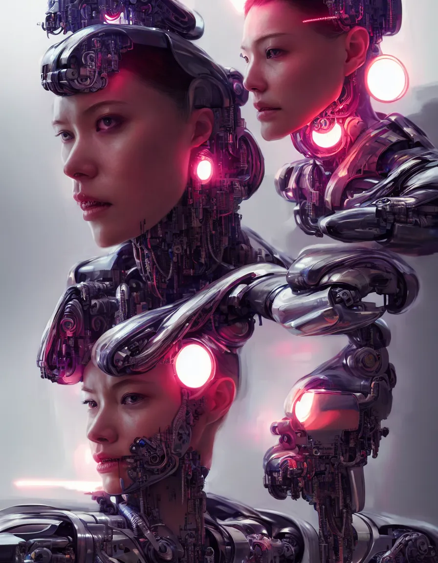 Prompt: portrait of a female cyborg. intricate abstract. intricate artwork, by tooth wu, wlop, bill sienkiewicz, syd mead. concept art, octane render, trending on artstation, greg rutkowski very coherent symmetrical artwork. cinematic, key art, hyper realism, high detail, octane render, 8 k, iridescent accents