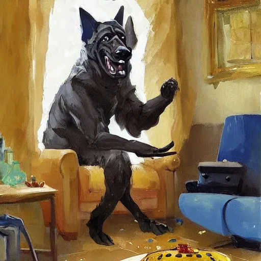 Image similar to a humanoid german shepherd beast - man, sitting and watching a soccer match in his house on television, he has hurt his knee and is a dad, by erin hanson, alexi zaitsev, karl spitzweg, award winning, tv set