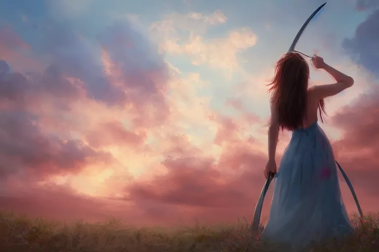 Image similar to back shot of one single beautiful girl in sundress gazing back, holding two swords, digital art by wlop. artstation contest winner, cinematic paint. lower shot. dramatic cloud in background. sunset