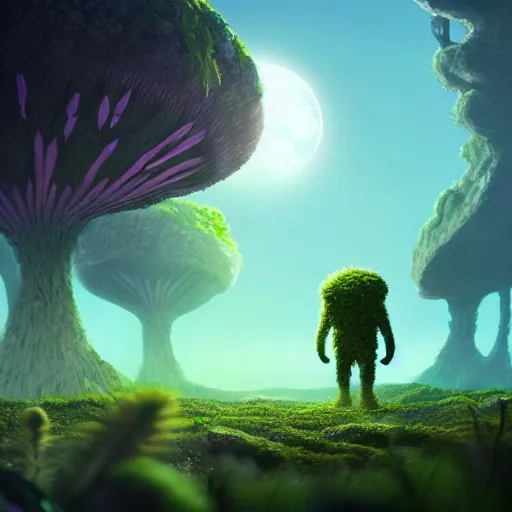 Image similar to a plant creature, plant filaments and flowers, walking on an alien planet with aliens plants, looking at an alien breathtaking landscape, cinematic lighting, concept art, artstation