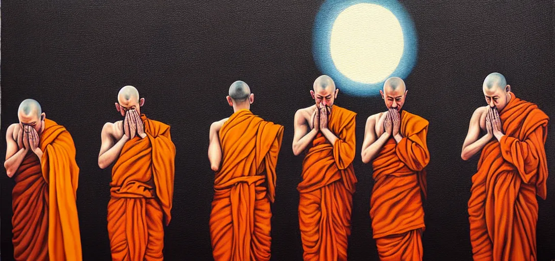 Prompt: dystopian surreal painting of monks praying