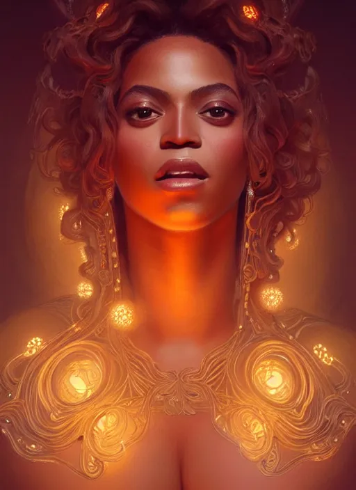 Image similar to portrait of beyonce, intricate, elegant, glowing lights, highly detailed, digital painting, artstation, glamor pose, concept art, smooth, sharp focus, illustration, art by wlop, alphonse mucha and greg rutkowski