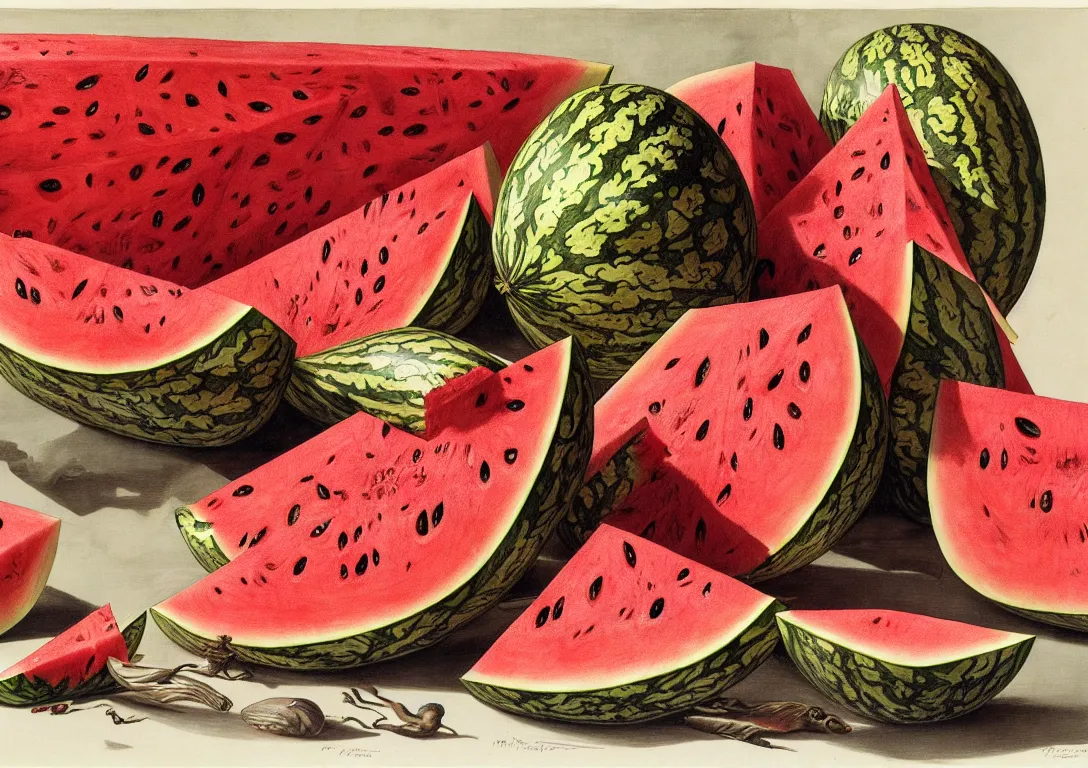 Prompt: a plate full of sliced watermelon in the style of wayne barlowe, gustav moreau, goward, bussiere, roberto ferri, santiago caruso, luis ricardo falero, frazetta