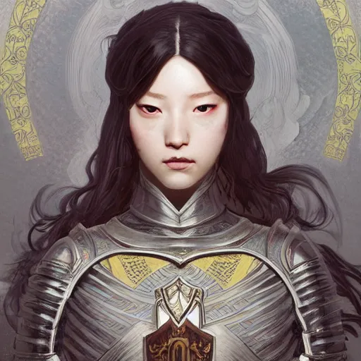 Image similar to Portrait of a female knight, japanese face features, dark fantasy, intricate, elegant, highly detailed, digital painting, artstation, concept art, smooth, sharp focus, illustration, art by Sam Youn and Fernanda Suarez and Artem Demura and alphonse mucha