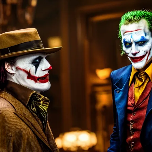 Prompt: A still of Johnny Depp talking with The Joker on a premiere, 4k, highly detailed, photograph, photoreal, professional lighting, promo shoot, award winning