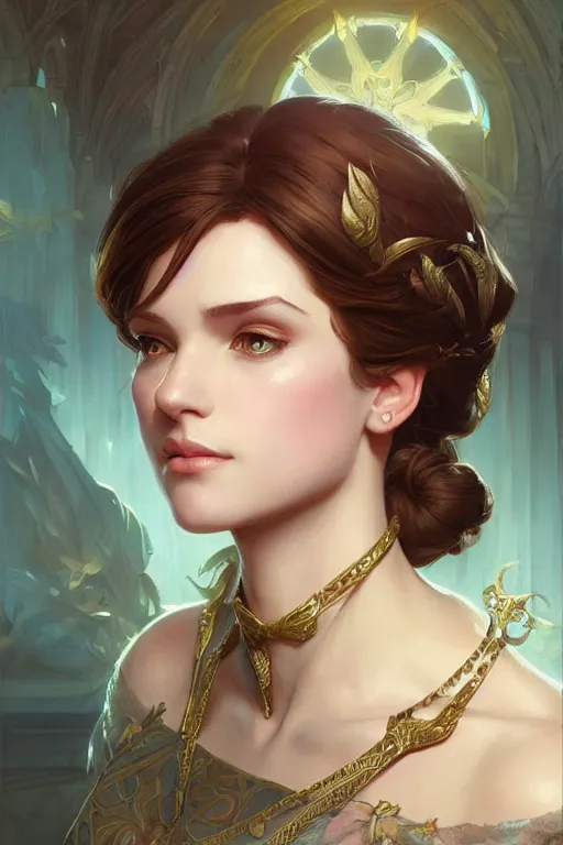 Image similar to beautiful female princess, portrait, short hair, d & d, fantasy, intricate, elegant, highly detailed, digital painting, artstation, concept art, matte, sharp focus, illustration, hearthstone, art by artgerm and greg rutkowski and alphonse mucha