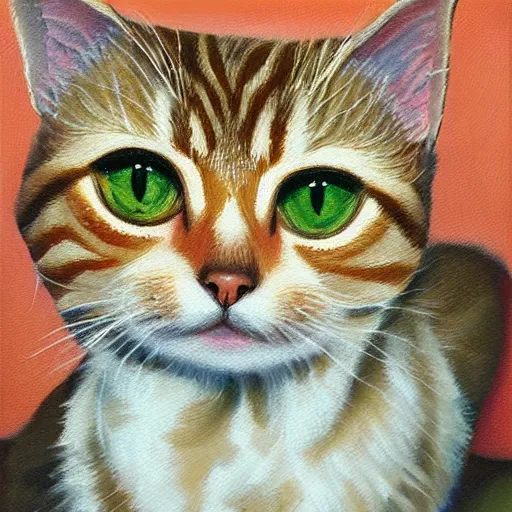 Image similar to oil painting of a small and floppy female tabby cat with white paws, large, orange - green eyes, sweet, somewhat striped coat, long tail, narrow face with long whiskers, 1 2 years old