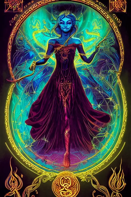 Image similar to Elsa, full of color on black paper, symmetrical, forsaken spirits, golden ratio, elements, gold, neon, baroque, rococco, tarot card with ornate border frame, marc simonetti, paul pope, peter Mohrbacher, detailed, occult symbols, satanic ink illustration, by Charles Wess, Jeffrey Jones dynamic lighting