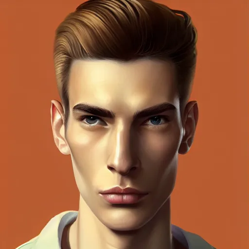 Image similar to tall man in his twenties with brown blond short quiff hair and thin slightly round facial structure with cleft chin, straight eyebrows and prominent nose, good definition of cheekbones, big hazel nut brown eyes, narrow face, slim body, atmospheric lighting, painted, intricate, 4 k, highly detailed by charlie bowater