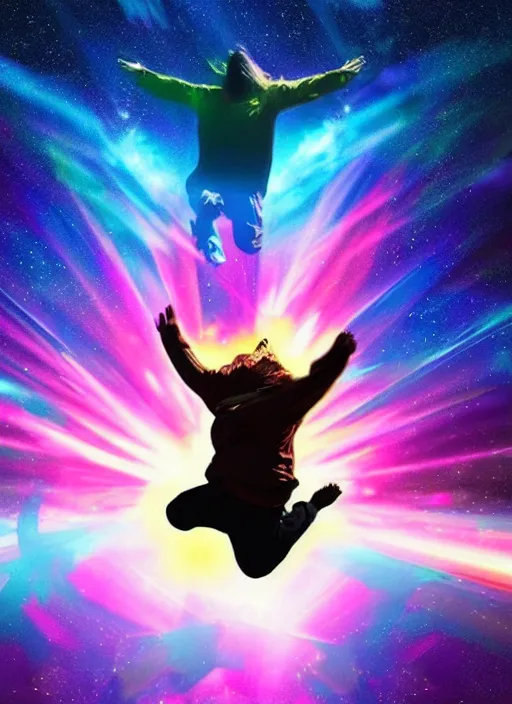 Image similar to Jesus Christ flying in space, dynamic lighting, +++++++++++ super super dynamic dynamic pose, glitch effect, colorful, space, starry night, intense, 20k