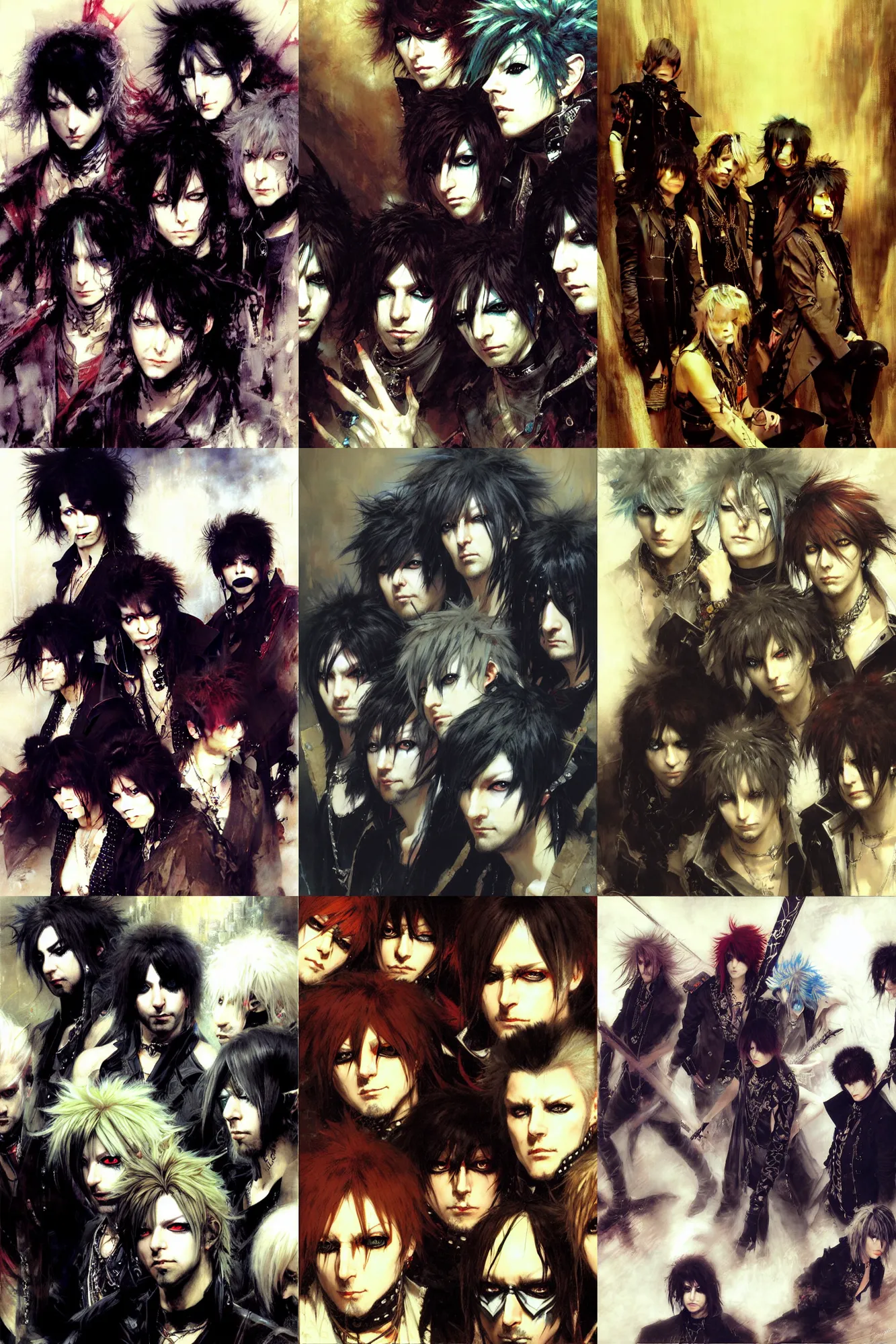 Prompt: visual kei band portrait dnd, ウィシュアル 系, アンクラ 系, painting by gaston bussiere, craig mullins, greg rutkowski, yoji shinkawa