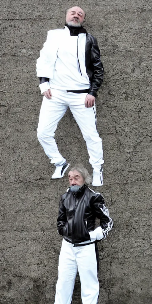 Prompt: sad russian middle aged man. black leather jacket, white adidas pants. extreme long shot. amateur photo from 2006