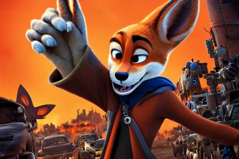 Image similar to nick wilde ( from zootopia ), heavily armed and armored facing down armageddon in a dark and gritty reboot from the makers of mad max : fury road