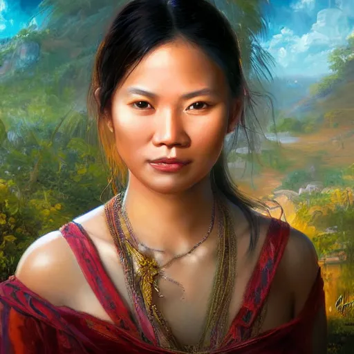 Image similar to portrait of an philipino woman ( 3 5 ) from the philippines in 2 0 2 1, an oil painting by ross tran and thomas kincade