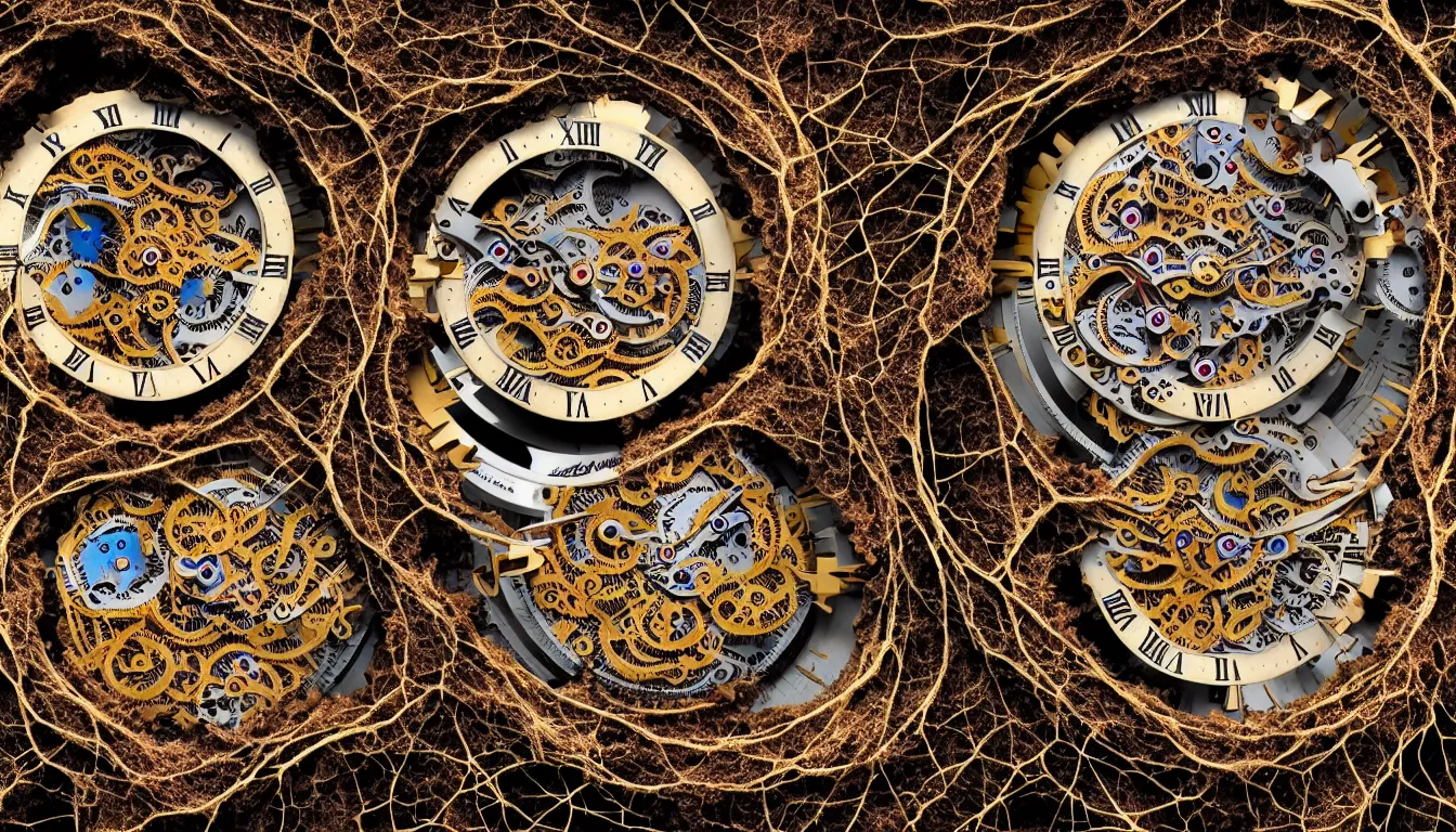 Image similar to detailed view from inside a clockwork watch, entangled roots covered in mushrooms, biomechanics, cracked earth, living spore microorganisms, decaying, rusty, hyper realistic photo, full colour, upscale, 8 k