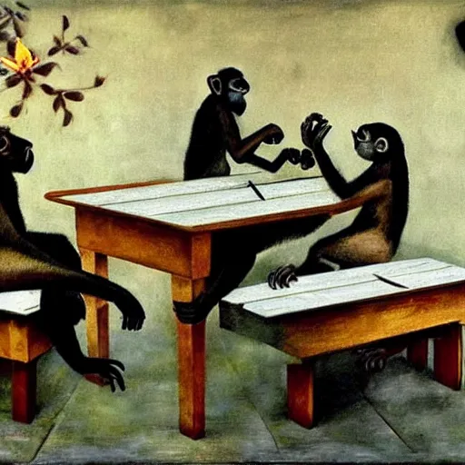 Image similar to a beautiful street art of a group of monkeys playing backgammon. the monkeys are seated around a table, with some of them appearing to be deep in concentration while others appear to be playing more casually. by philip wilson steer, by francesca woodman, by frida kahlo serene, sad