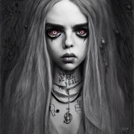 Image similar to michael karcz grunge drawing of billie eilish. , in the style of corpse bride, loony toons style, horror themed, detailed, elegant, intricate, trending on artstation, 4k