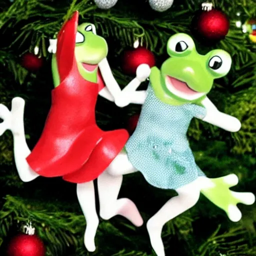 Image similar to two frogs dancing with a pig underneath of a Christmas tree