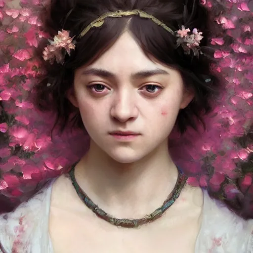 Image similar to expressive oil painting, of arya stark, smooth glowing skin, ornate headpiece made from pink flowers, glamour shot, by yoshitaka amano, by bouguereau, bygreg rutkowski, by jeremyg lipkinng, by artgerm, digital art, octane render