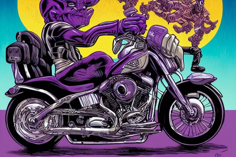 Image similar to Thanos riding a Harley Davidson by Dan Mumford