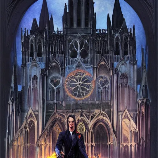 Image similar to Hyperrealistic Count Dracula playing a Gibson electric guitar in front of a gothic cathedral, by Antonio Caparo, Ferdinand Knab, Greg Rutkowski, Amano, and Karol Bak UHD, vivid colors, photorealistic trending on artstation