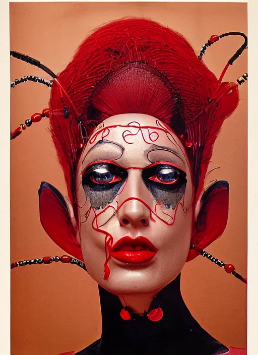 Image similar to an 8 0 s portrait of a woman with dark eye - shadow and red lips with dark slicked back hair, a mask made of wire and beads, dreaming acid - fueled hallucinations, psychedelic by serge lutens, rolf armstrong, delphin enjolras, peter elson, red cloth background, frilled blooming collar