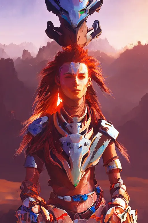 Image similar to combination suit armor aloy horizon forbidden west horizon zero dawn radiating a glowing aura global illumination ray tracing hdr fanart arstation by ian pesty and alena aenami artworks in 4 k tribal robot ninja mask helmet backpack