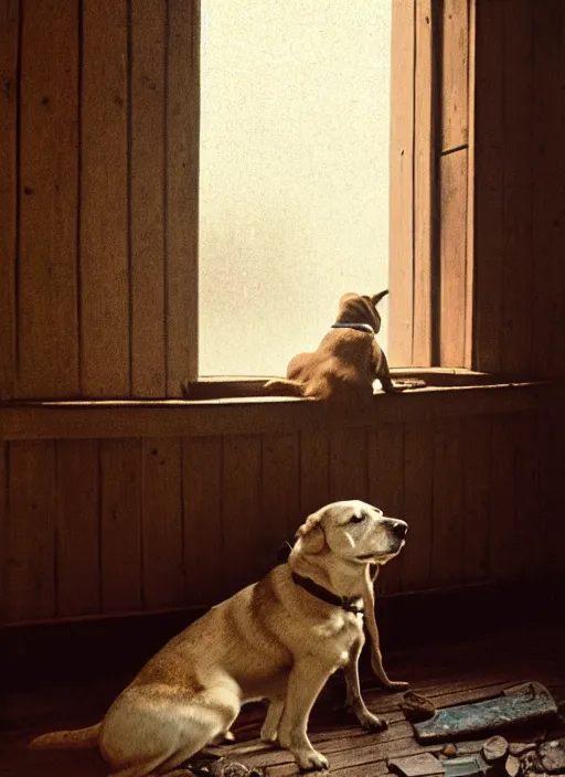 Image similar to portrait bust of emma stone petting a dog, solemn expression, faded color film, russian cinema, tarkovsky, kodachrome, old cabin, next to window, heavy forest outside, long brown hair, old clothing, heavy fog, hudson river school, 4 k, dramatic lighting, greg rutkowski
