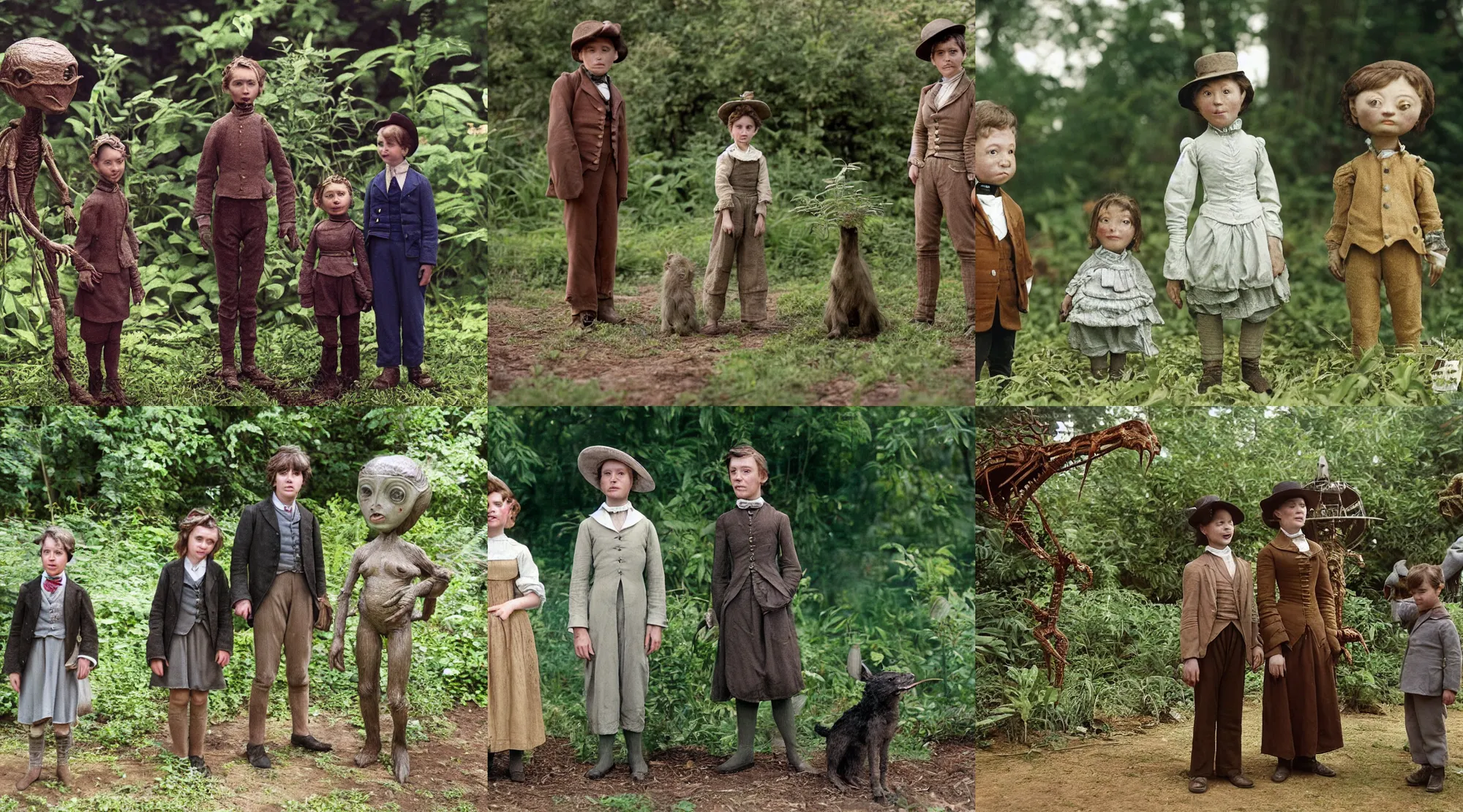 Prompt: detailed, sharp, a girl with very short hair and a boy standing next to some strange wild alien plants, looking happy, wearing 1840s era clothes, their small pet tiny alien creature is standing nearby, in a park on a strange alien planet, extremely highly detailed, in focus faces, 70mm still from a classic period sci fi color blockbuster movie, 4k, 35mm macro lens, high quality lighting, sharp focus