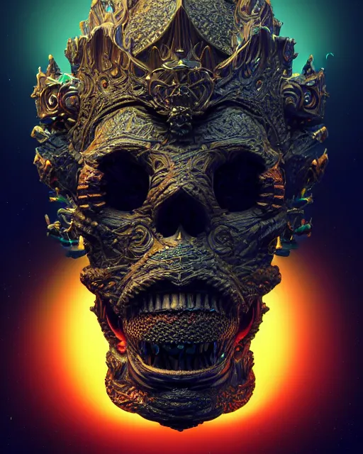 Image similar to 3 d ornate carved dark cosmic king with profile portrait, sigma 5 0 0 mm f / 5. beautiful intricate highly detailed quetzalcoatl skull. bioluminescent, plasma, lava, ice, water, wind, creature, thunderstorm! artwork by tooth wu and wlop and beeple and greg rutkowski, 8 k trending on artstation