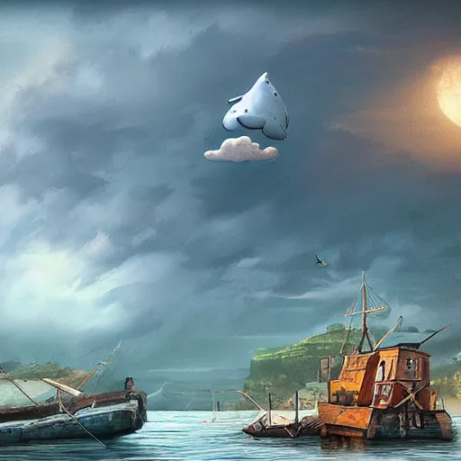 Prompt: floating whale above fishing village, digital art masterpiece by a legendary fantasy movie concept artist