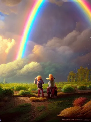 Image similar to dad. mom. kids. a happy familly looking at a distant rainbow. green valley horizon. intricate, elegant, highly detailed, digital painting, artstation, concept art, sharp focus, illustration, by justin gerard and artgerm, 8 k