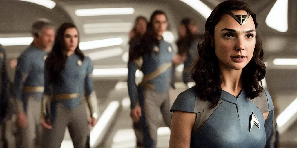 Image similar to Gal Gadot, in full starfleet uniform, is the captain of the starship Enterprise in the new Star Trek movie