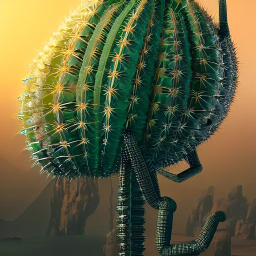 Prompt: Close-up shot.3d hard surface design, octane rendered, robotic bionic Technical, robotic Cactus design, hardops, box cutter, artstation trending, wow, 8k, in style of Moebius, Android Jones