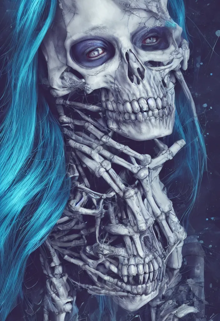 Image similar to portrait of female alt model with blue hair as a skeleton. intricate abstract. intricate artwork. nightmare fuel. by Tooth Wu, wlop, beeple, dan mumford. octane render, trending on artstation, greg rutkowski very coherent symmetrical artwork. cinematic, hyper realism, high detail, octane render, 8k, iridescent accents