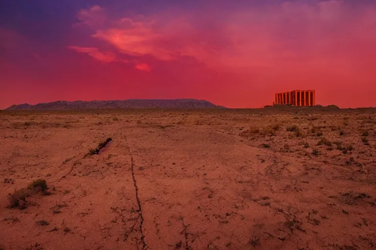 Image similar to apocalyptic dry ground in the desert, babel tower on fire in the background, red sky, beautiful painting