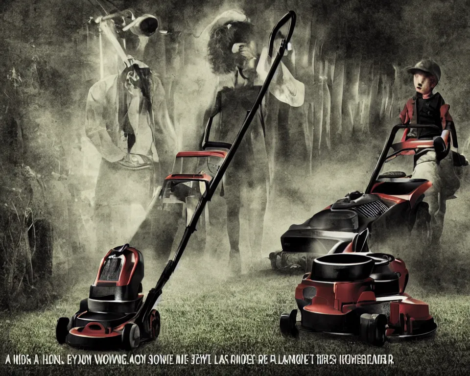 Image similar to a horror movie poster featuring a lawnmower with eyes