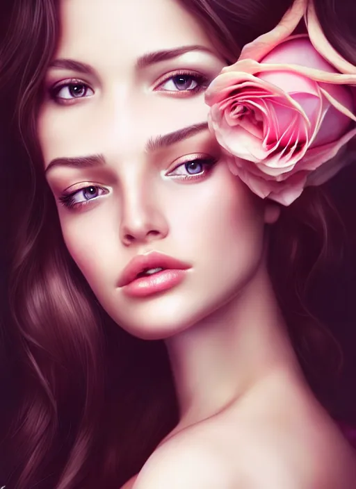 Image similar to a gorgeous female photo, professionally retouched, soft lighting, holding a bouquet of roses, realistic, smooth face, perfect eyes, wide angle, sharp focus on eyes, 8 k high definition, insanely detailed, intricate, elegant, art by artgerm and wlop