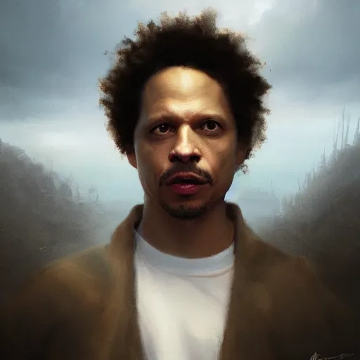 Image similar to closeup portrait of eric andre, dramatic light, gorgeous view, depth, high detail, digital art, painted by greg rutkowski and seb mckinnon, by tim burton, trending on artstation