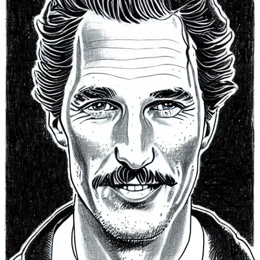 Image similar to a portrait drawing of Mathew McConaughey drawn by Robert Crumb