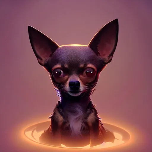 Image similar to antropomorphic!!!!!!!!!!!! chihuahua man living in an extradimensional reality where it is a god, in the style of wlop, illustration, epic, fantasy, hyper detailed, smooth, unreal engine, sharp focus, ray tracing, physically based rendering, renderman, beautiful