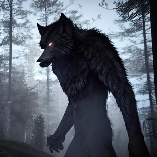 Image similar to man transforming into a werewolf at night with black realistic fur, ultra detail, unreal engine, 8 k