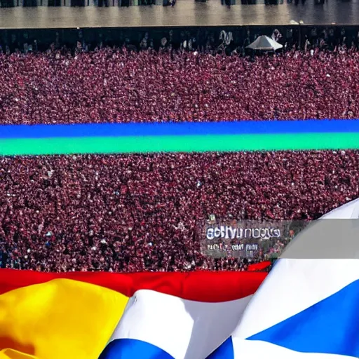 Image similar to Lady Gaga as president, Argentina presidential rally, Argentine flags behind, bokeh, giving a speech, detailed face, Argentina