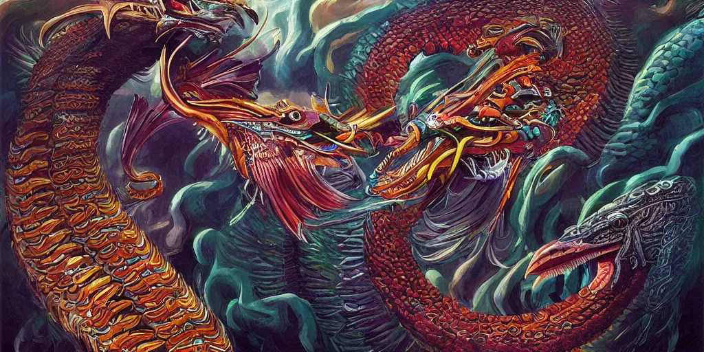 Prompt: Quetzalcoatl  the feathered serpent or plumed serpent is the Feathered-Serpent deity of ancient Mesoamerica by Liam Wong and Boris Vallejo